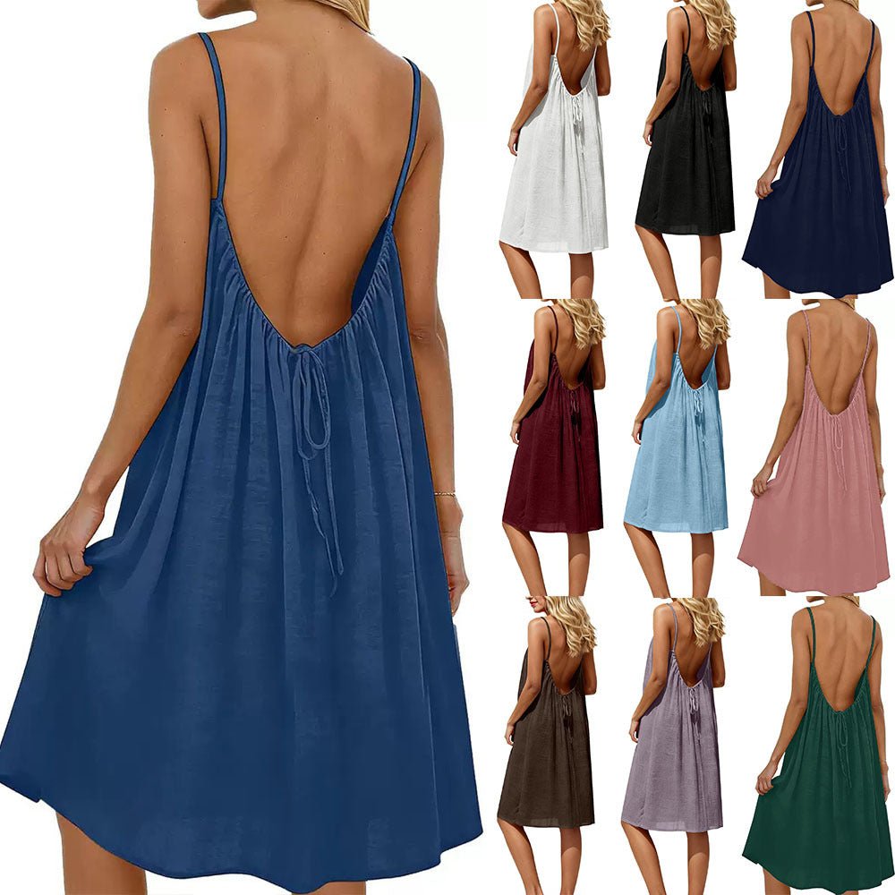 Women's Solid Color Spaghetti Strap Backless Dress - Sleeveless Summer Bodycon Fit Casual Evening Dress For Daily Wear Holiday Outfit - BKKFinds